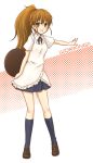  brown_eyes brown_hair english kneehighs long_hair lowres open_mouth ponytail seri_natsume skirt socks taneshima_popura tray waitress working!! 