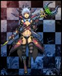  blue_hair breasts checkered checkered_background cleavage fingerless_gloves gloves hair_ornament headwear lvans midriff navel original red_eyes solo staff striped striped_legwear striped_thighhighs thigh-highs thighhighs 