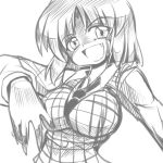  &gt;:) &gt;:d :d bangs breasts bust evil_smile fang head_tilt impossible_clothes impossible_shirt impossible_vest kazami_yuuka large_breasts looking_at_viewer monochrome necktie open_mouth plaid_vest shaded_face shirt short_hair simple_background sketch smile solo touhou traditional_media white_background yuki_hime_haruka 