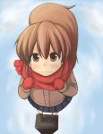  brown_eyes brown_hair foreshortening from_above frown gloves koa ponytail scarf skirt standing taneshima_popura tears working!! 