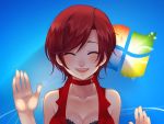  breasts choker cleavage fourth_wall hands happy laughing lips meiko nez-doll red_hair redhead short_hair smile solo vocaloid windows 