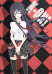  belt black_hair blue_eyes checkered checkered_background covering covering_crotch frilled_skirt hime_cut k-on! long_hair necktie shadow skirt solo studded_belt thigh-highs thighhighs toru_k v_arms wind zettai_ryouiki 