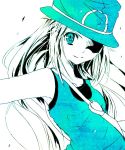  bare_shoulders blue blue_(pokemon) green hat long_hair pokemon pokemon_(game) pokemon_rgby smile solo 