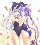  2girls animal_ears ass black_heart blue_eyes bowtie braid bunny_tail bunnysuit carrot choujigen_game_neptune detached_collar female green_eyes long_hair minagi multiple_girls purple_hair purple_heart rabbit_ears tail twin_braids white_hair wink wrist_cuffs 