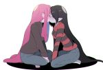  2girls adventure_time arm_support barefoot bite_mark black_hair blush closed_eyes commentary_request couple denim feet grey_skin indian_style jeans kiss long_hair looking_at_another marceline_abadeer multiple_girls pants pink_hair pink_skin pointy_ears princess_bonnibel_bubblegum rokuromi shirt simple_background sitting striped striped_shirt sweater turtleneck turtleneck_sweater v-neck vampire very_long_hair white_background yuri 