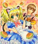  antenna_hair apron blonde_hair bow brown_hair cal_devens cat_ears cat_tail food frills green_eyes gun hamburger maid maid_headdress male open_mouth oven_mitts phantom_of_inferno tail twintails weapon zwei 