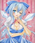  adult blue_eyes blue_hair bow breast_hold breasts cirno cleavage hair_bow large_breasts long_hair marker_(medium) millipen_(medium) mitsuba_(threeleaf) pastel_(medium) solo touhou traditional_media wings 