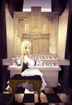  blonde_hair blue_eyes checkered checkered_floor dress instrument long_hair looking_back organ original piano_bench pipe_organ pipes resonableworld sitting solo 