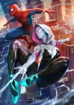  1boy 1girl \m/ artist_name blurry bodysuit breasts building city commentary_request depth_of_field headphones highres hood lens_flare marvel midair nudtawut_thongmai outstretched_arms silk skyscraper spider-gwen spider-man spider-man_(series) spider_web spider_web_print superhero toned wind 