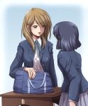  bag black_hair blazer brown_eyes brown_hair extra faith001 faith_(sbi) k-on! multiple_girls school_desk school_uniform short_hair sunahara_yoshimi tachibana_himeko 