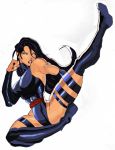  1girl boots breasts female kick kneehighs leotard lipstick long_hair marvel muscle odworld psylocke purple_hair solo x-men 