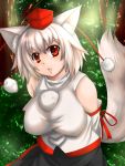  animal_ears arms_behind_back bad_id breasts detached_sleeves hat highres inubashiri_momiji large_breasts memento_mori_(pixiv) red_eyes short_hair silver_hair solo tail tokin_hat touhou wolf_ears wolf_tail 