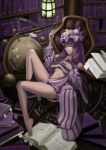  barefoot bespectacled book bookmark bookshelf breasts censored control5 convenient_censoring crescent feet glasses globe hat highres legs library long_hair magic_circle nude open_clothes patchouli_knowledge purple_hair ribbon sleeping striped touhou underboob voile 