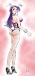   animal_ears ass rabbit_ears corset fishnets from_behind high_heels long_hair purple_hair red_eyes sideboob solail_(faya) tail  