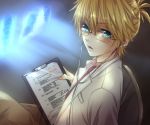  aqua_eyes blonde_hair clipboard doctor glasses hakuseki kagamine_len labcoat male nail_polish necktie open_mouth ponytail short_hair sitting solo stethoscope vocaloid 