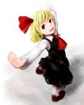  blonde_hair bow face foreshortening goichi hair_bow hair_ribbon hands highres outstretched_arms red_eyes ribbon rumia short_hair solo spread_arms touhou 