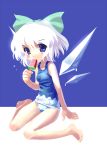  adapted_costume arm_support barefoot blue_hair blush_stickers bow cirno feet hair_bow katahira_masashi one-piece_swimsuit popsicle school_swimsuit short_hair sitting solo suika_bar swimsuit touhou wariza white_hair wings 