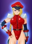  abs belt blonde_hair blue_eyes braid cammy_white elbow_gloves female fingerless_gloves gloves hat leotard long_hair m_bison m_bison_(cosplay) makani_kohitujito mound_of_venus muscle scar shoulder_pads solo street_fighter twin_braids 