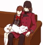  aragaki_shinjirou beanie bow brown_hair canary000 couch couple dog female_protagonist_(persona_3) hat headphones koromaru lowres persona persona_3 persona_3_portable school_uniform short_hair sleeping trench_coat trenchcoat 