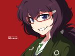  1girl artist_logo artist_name bangs black_eyes black_hair commentary date eyebrows_visible_through_hair girls_und_panzer glasses grin haori highres japanese_clothes long_hair looking_at_viewer messy_hair ooarai_school_uniform oryou_(girls_und_panzer) portrait red-framed_eyewear red_background school_uniform semi-rimless_eyewear serafuku shiroobi_(whitebeltmaster) short_ponytail simple_background smile solo under-rim_eyewear 