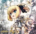  armor armored_dress blonde_hair chibi detached_sleeves dress fate/stay_night fate/unlimited_codes fate_(series) flower gauntlets green_eyes ponytail saber saber_lily solo sword weapon yone 