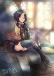  black_hair bob_cut boots box crossed_legs gloves headphones isara_gunther kara_(color) military military_uniform military_vehicle parted_bangs purple_eyes senjou_no_valkyria shawl short_hair signature sitting skirt tank thigh-highs thighhighs uniform vehicle window zettai_ryouiki 