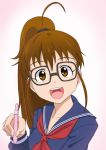  brown_eyes brown_hair glasses mechanical_pencil pencil ponytail ribonzu school_uniform smile taneshima_popura working!! 