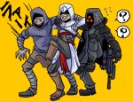  ? assassin&#039;s_creed assassin's_creed boots crossover fangs gun helghast hood hunter_(left4dead) killzone killzone_2 left_4_dead open_mouth sakurai_yuuki simple_background sweatdrop weapon 