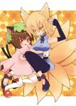  animal_ears bad_id blonde_hair brown_hair cat_ears cat_tail chen fox_ears fox_tail hat marshmallow_mille multiple_girls multiple_tails red_eyes short_hair tail thighhighs touhou yakumo_ran yellow_eyes 