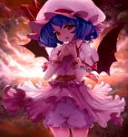  bat_wings bloomers blue_hair hands_together hat head_tilt kasutaso open_mouth red_eyes remilia_scarlet short_hair shy sunset touhou wings wrist_cuffs 