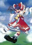  black_hair bow cloud clouds detached_sleeves hair_bow hakurei_reimu highres kumagusu long_hair mary_janes ponytail shoes sky solo touhou yellow_eyes 