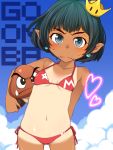  1girl absurdres animal arm_behind_back bangs bikini blue_earrings blush bra breasts character_name closed_mouth clouds cloudy_sky commentary_request day dual_persona fangs frown gluteal_fold goomba green_hair groin heart highres holding holding_animal huge_filesize leaning_to_the_side looking_at_viewer lowleg lowleg_bikini super_mario_bros. nintendo one-piece_tan outdoors partial_commentary pointy_ears print_bra red_bikini shiroobi_(whitebeltmaster) short_hair side-tie_bikini sky small_breasts solo standing star star_print super_crown super_mario_bros. sweatdrop swimsuit tan tanline tilted_headwear underwear 