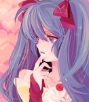  amezawa_koma bad_id blue_eyes blue_hair bow cosplay food hair_bow hatsune_miku icing licking long_hair solo vocaloid 
