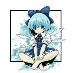  bad_id barefoot blue_eyes blue_hair blush bow cirno crossed_legs frown hair_bow hands_on_feet indian_style sitting touhou tsuttsu wings 