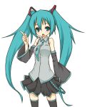  aqua_eyes aqua_hair bad_id detached_sleeves hatsune_miku headset long_hair necktie open_mouth pointing simple_background skirt solo takegushi thigh-highs thighhighs twintails very_long_hair vocaloid 