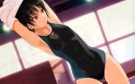  1girl amagami armpits arms_up black_eyes black_hair breasts competition_swimsuit dutch_angle game_cg highres nanasaki_ai one-piece_swimsuit short_hair solo sunlight swimsuit swimsuit_under_clothes takayama_kisai undressing wallpaper 