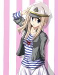  blue_eyes casual hat k-on! kotobuki_tsumugi listen!! long_hair mister_(black_and_white) sailor_hat salute solo striped 