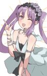  1girl ;d absurdres bangs bare_shoulders blush bracelet breasts collarbone dress euryale_(fate) fate/hollow_ataraxia fate_(series) frilled_hairband frills hairband highres index_finger_raised jewelry kopaka_(karda_nui) long_hair looking_at_viewer neck_ring necklace one_eye_closed open_mouth purple_hair sidelocks simple_background small_breasts smile solo thighs twintails very_long_hair violet_eyes white_background white_dress 