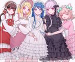  5girls :d :o absurdres akamatsu_kaede alternate_costume animal_ears bangs black_dress blunt_bangs blush bow braid breasts cat_ears closed_eyes crown_braid danganronpa:_trigger_happy_havoc danganronpa_(series) danganronpa_2:_goodbye_despair danganronpa_v3:_killing_harmony dress drooling eyebrows_visible_through_hair fake_animal_ears feet_out_of_frame frilled_dress frills galaga hair_bow hair_ornament harukawa_maki headdress heart highres hug kirigiri_kyouko large_breasts long_sleeves looking_at_viewer maizono_sayaka multiple_girls nanami_chiaki open_mouth pink_dress pink_eyes pout red_dress rurero_666 saliva smile standing white_bow white_dress 