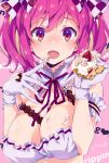  1girl breasts cake cream_on_breasts detached_collar fang food fruit gloves highres large_breasts looking_at_viewer oomura_karasu open_mouth original pink_background pink_eyes pink_hair skin_fang solo strawberry twintails upper_body white_gloves 