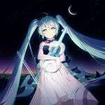  1girl back_bow bare_shoulders black_bow black_ribbon blue_eyes blue_hair bow bow_(music) breasts choker city_lights cityscape crescent_moon dress elbow_gloves expressionless eyebrows_visible_through_hair gloves glowing gradient gradient_sky hair_between_eyes hatsune_miku instrument light_blush light_particles long_hair medium_breasts miku_symphony_(vocaloid) moon neck_ribbon night night_sky object_hug orange_sky outdoors parted_lips pleated_dress purple_sky ribbon ribbon_choker rumi_(rarumi11) see-through sidelocks sky sleeveless sleeveless_dress solo twintails very_long_hair violin vocaloid white_dress white_gloves 