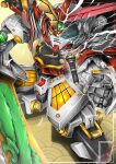  colored_sclera denjyou23 green_eyes gundam highres holding holding_sword holding_weapon looking_at_viewer mecha open_hand science_fiction sd_gundam sd_gundam_musha_maruden solo sword touou_gundam v-fin weapon yellow_sclera 
