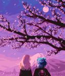  2girls black_jacket blonde_hair blue_hair cherry_blossoms clouds cloudy_sky day facing_away isa_(insaneisane) jacket long_hair moon mount_fuji mountain multiple_girls original outdoors pink_sky pixel_art scenery short_hair sky spring_(season) standing upper_body yuri 