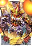  closed_eyes flower glowing gundam holding holding_microphone holding_sword holding_weapon kinako_(karasu_nomaru) lantern mecha microphone over_shoulder red_flower red_rose rose sd_gundam sd_gundam_musha_maruden solo sword touou_gundam twitter_username v-fin weapon weapon_over_shoulder 