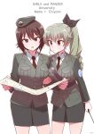  anchovy_(girls_und_panzer) brown_hair drill_hair emblem girls_und_panzer green_hair hair_ribbon hat highres hone_(honehone083) jacket long_hair long_sleeves map military military_uniform multiple_girls necktie nishizumi_maho ponytail ribbon riding_crop selection_university_military_uniform skirt uniform 