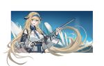  1girl :d absurdres arknights bangs bare_shoulders blonde_hair blue_eyes blue_hairband breasts commentary_request echj hair_between_eyes hairband highres holding holding_sword holding_weapon horns long_hair looking_at_viewer medium_breasts pointy_ears saileach_(arknights) shirt smile solo sword upper_body very_long_hair weapon white_shirt 