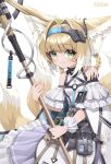  1girl absurdres animal_ears arknights bangs bare_shoulders blush braid breasts chinese_commentary closed_mouth commentary_request fox_ears fox_girl fox_tail green_eyes highres holding holding_weapon looking_at_viewer pouch simple_background small_breasts smile solo standing suzuran_(arknights) tail weapon white_background zhengqi_zhizi_sg 