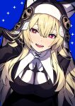  animal_ears black_dress black_gloves blonde_hair breasts bright_pupils cross dress eyebrows_visible_through_hair eyelashes gloves hair_flip highres large_breasts long_bangs long_hair long_sleeves looking_at_viewer mephist mole mole_under_mouth nun open_mouth original red_eyes smile teeth upper_teeth white_pupils wide_sleeves x 