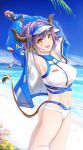  1girl :d animal_ears arknights armpits arms_up artist_name bangs bare_shoulders beach bikini black_gloves blue_jacket blue_sky breasts clouds commentary_request cowboy_shot day eyebrows_visible_through_hair fingerless_gloves gloves highres horns jacket large_breasts long_sleeves looking_at_viewer navel ocean off_shoulder outdoors partial_commentary purple_hair revision short_hair sideroca_(arknights) sideroca_(light_breeze)_(arknights) sky smile solo standing stomach swimsuit tail thighs twitter_username visor_cap water white_bikini yellow_eyes yokaze_(yokajie) 