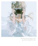  1girl bangs blonde_hair camera clouds covered_face dress english_text facing_viewer flower genshin_impact hair_flower hair_ornament highres holding holding_camera long_sleeves lumine_(genshin_impact) ocean off-shoulder_dress off_shoulder see-through_dress short_hair_with_long_locks sidelocks solo to_e upper_body white_dress white_flower white_sky wind 